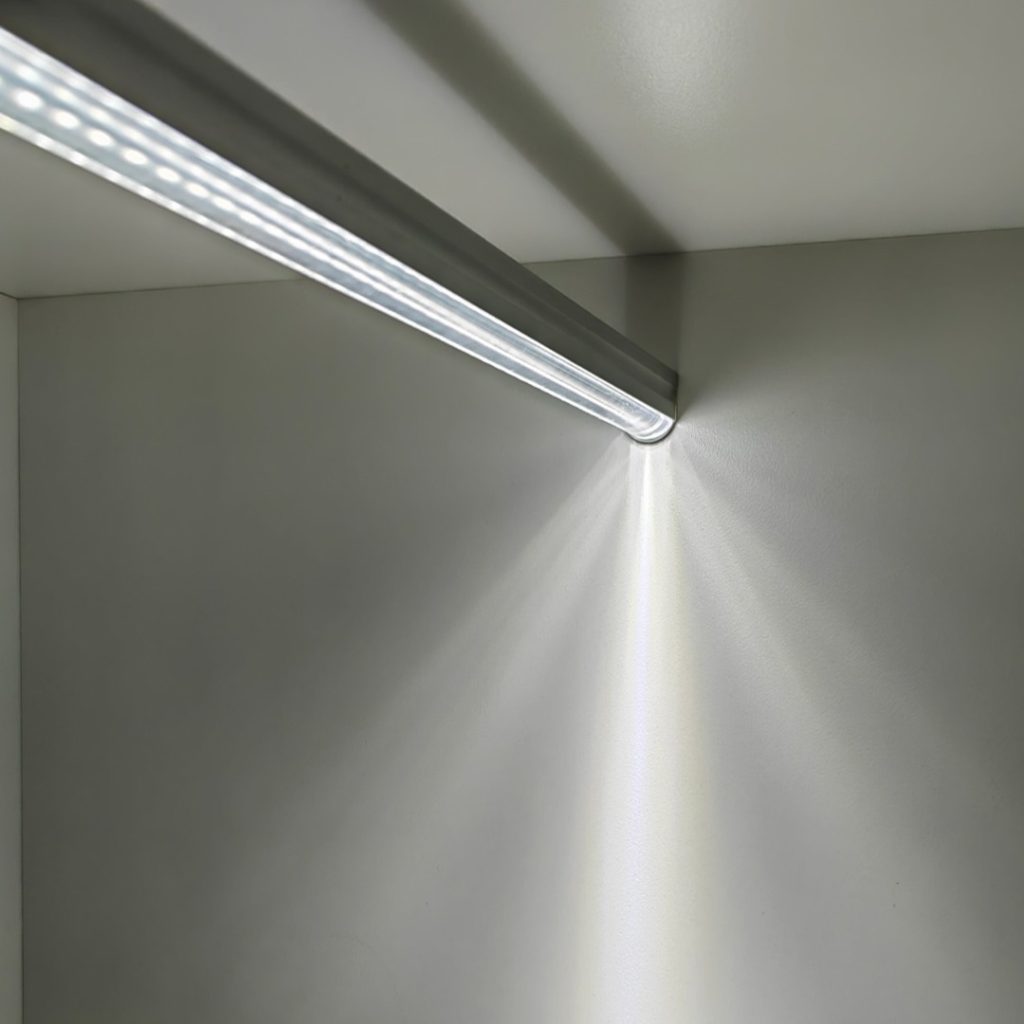 20-degree razor-sharp wall grazing achieved with a clear convex lens.