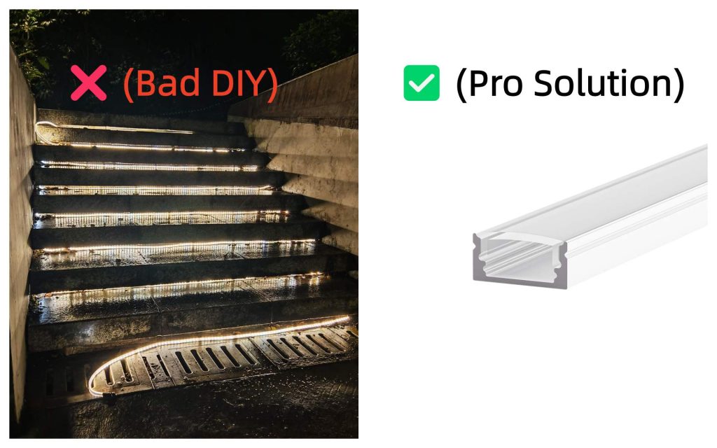Bad DIY bare LED strip vs Professional aluminum channel solution for installing LED strip lights on outdoor stairs
