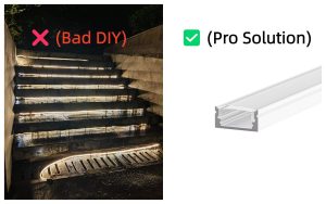Bad DIY bare LED strip vs Professional aluminum channel solution for installing LED strip lights on outdoor stairs