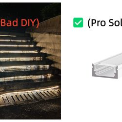 Bad DIY bare LED strip vs Professional aluminum channel solution for installing LED strip lights on outdoor stairs